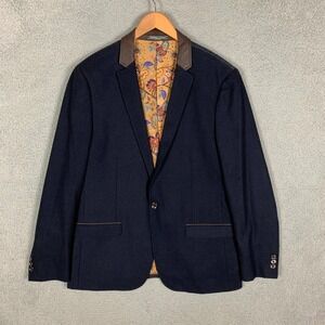 Paisley & Gray Blazer Sport Coat Mens 2XL Navy Slim Wool Blend Faux Leather Trim